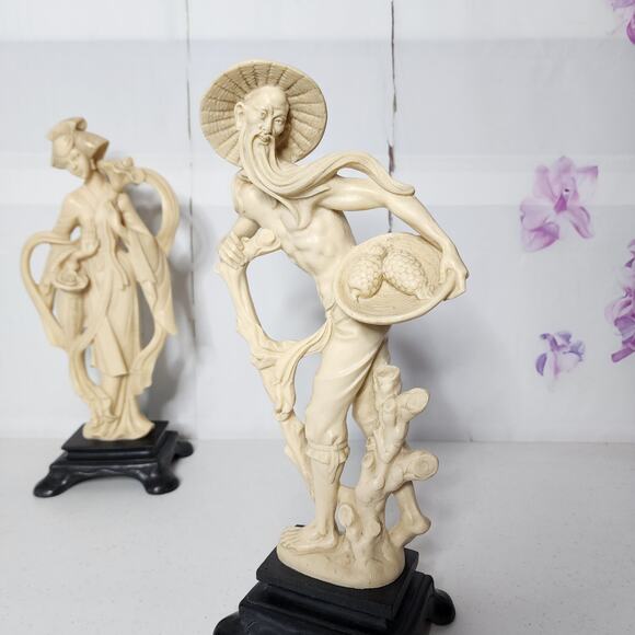 Vintage Santini Asian Imperial Couple Floral Fruit Alabaster Sculptures - Picture 8 of 13